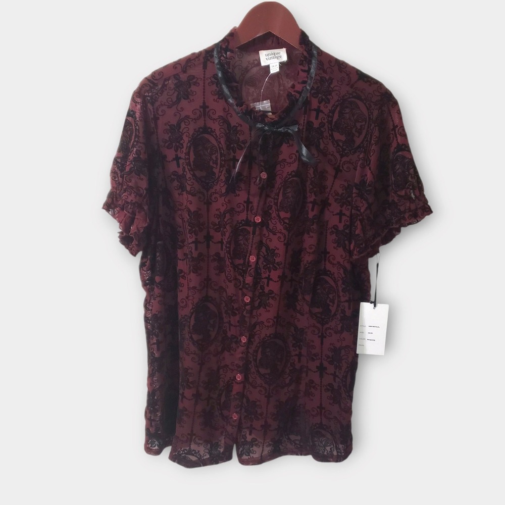 NWT Unique Vintage Flocked Cameo Skeleton Cross Goth Blouse Burgundy Black 3X